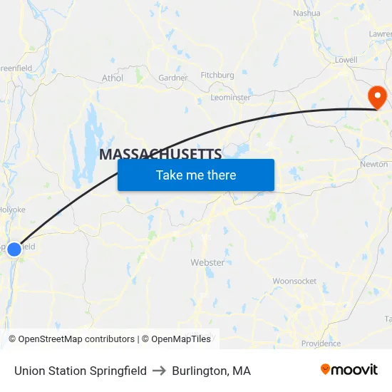 Union Station Springfield to Burlington, MA map