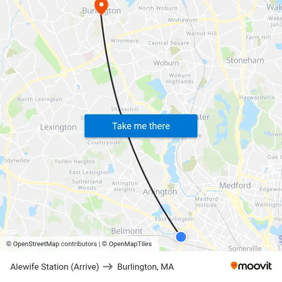 Alewife Station (Arrive) to Burlington, MA map