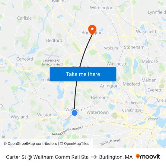 Carter St @ Waltham Comm Rail Sta to Burlington, MA map