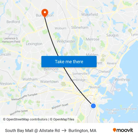 South Bay Mall @ Allstate Rd to Burlington, MA map