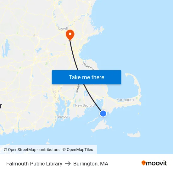 Falmouth Public Library to Burlington, MA map