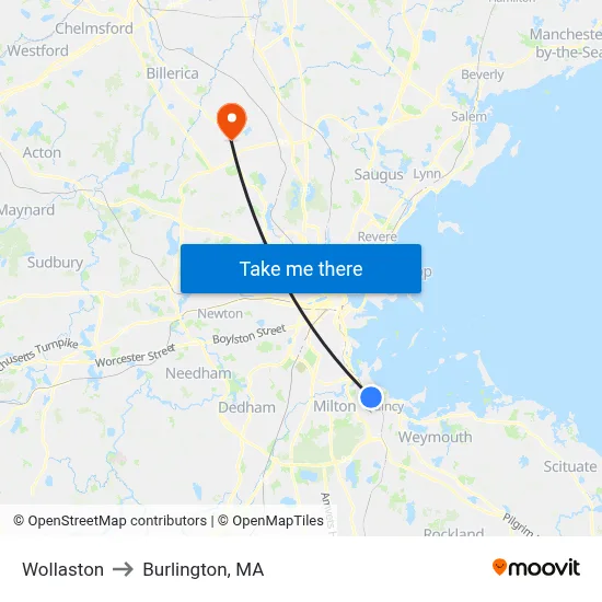 Wollaston to Burlington, MA map