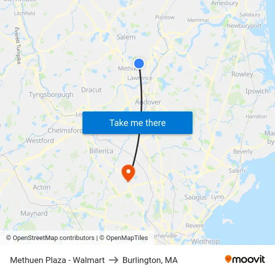 Methuen Plaza - Walmart to Burlington, MA map