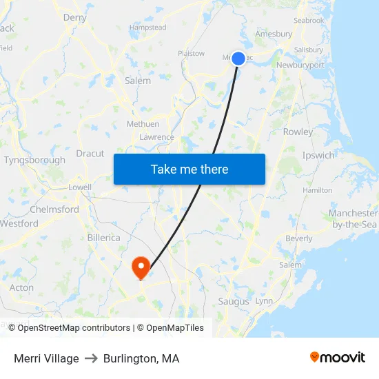 Merri Village to Burlington, MA map
