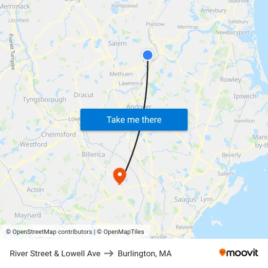 River Street & Lowell Ave to Burlington, MA map