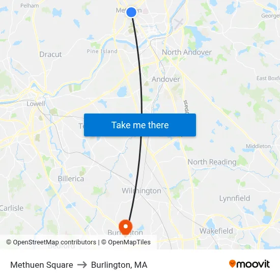 Methuen Square to Burlington, MA map