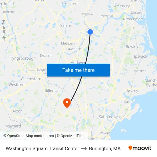 Washington Square Transit Center to Burlington, MA map