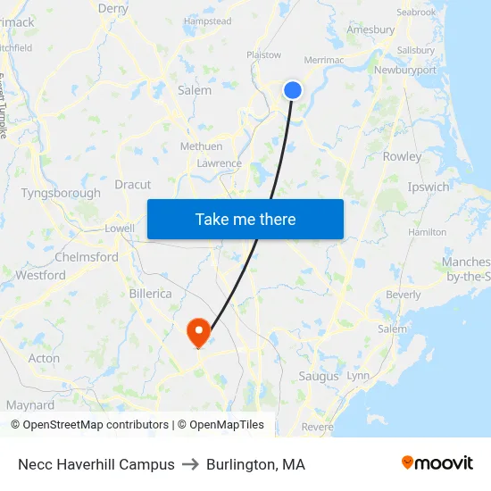 Necc Haverhill Campus to Burlington, MA map