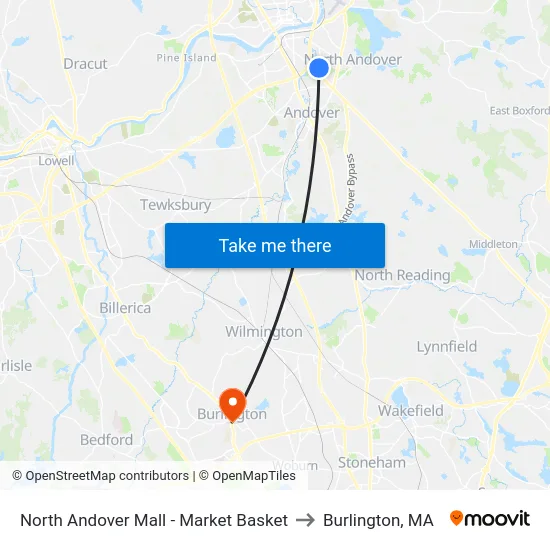 North Andover Mall - Market Basket to Burlington, MA map