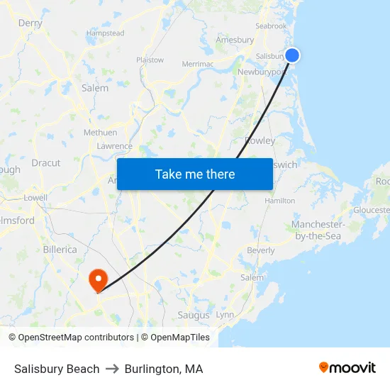 Salisbury Beach to Burlington, MA map
