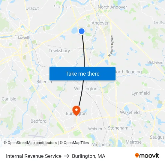 Internal Revenue Service to Burlington, MA map
