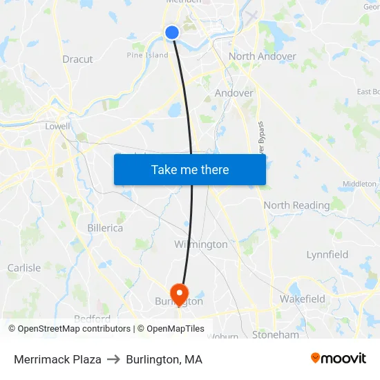 Merrimack Plaza to Burlington, MA map