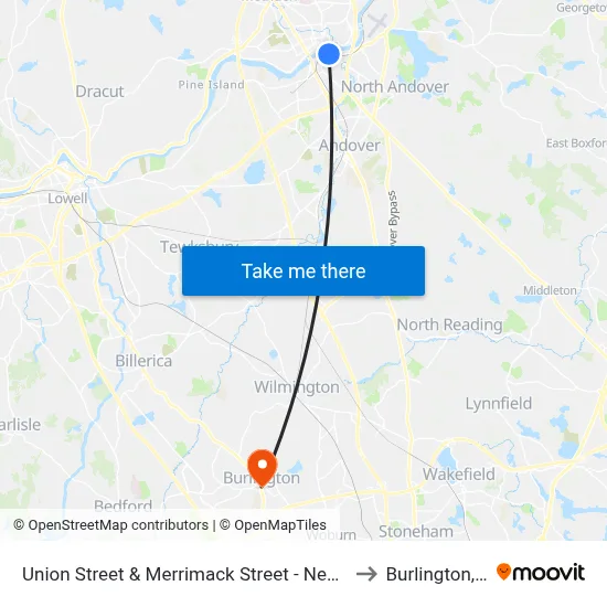 Union Street & Merrimack Street - New Balance to Burlington, MA map