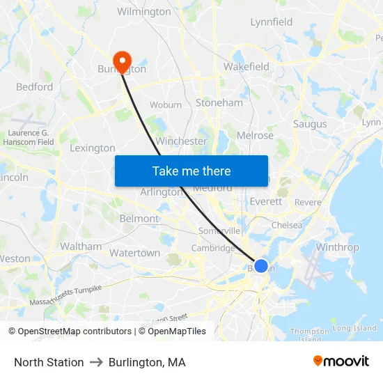 North Station to Burlington, MA map
