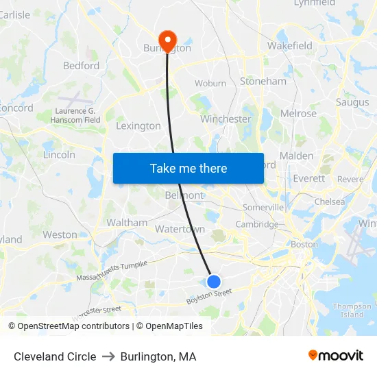 Cleveland Circle to Burlington, MA map