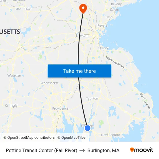Pettine Transit Center (Fall River) to Burlington, MA map