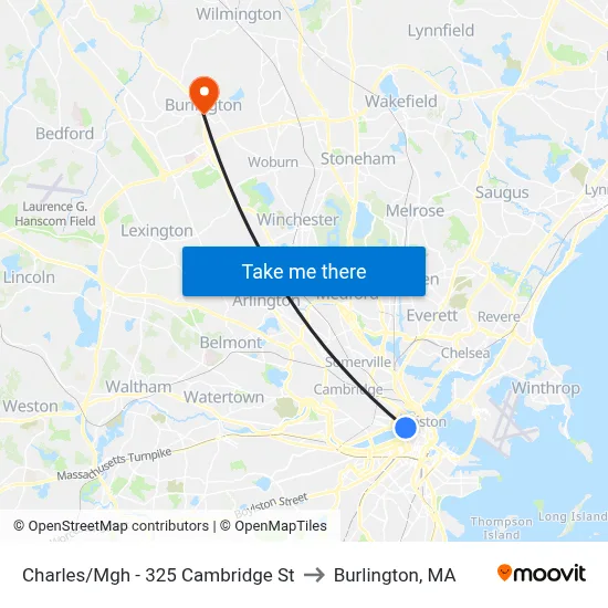 Charles/Mgh - 325 Cambridge St to Burlington, MA map