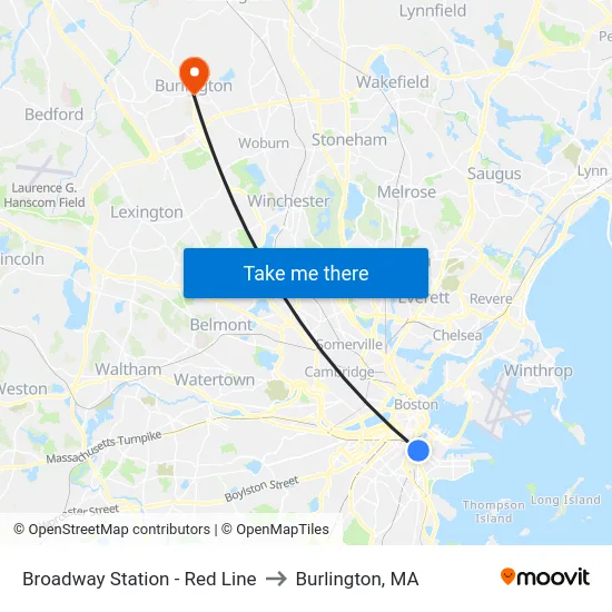 Broadway Station - Red Line to Burlington, MA map