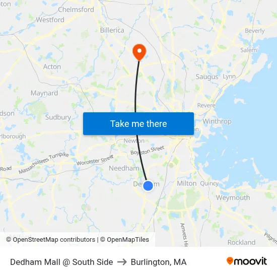 Dedham Mall @ South Side to Burlington, MA map