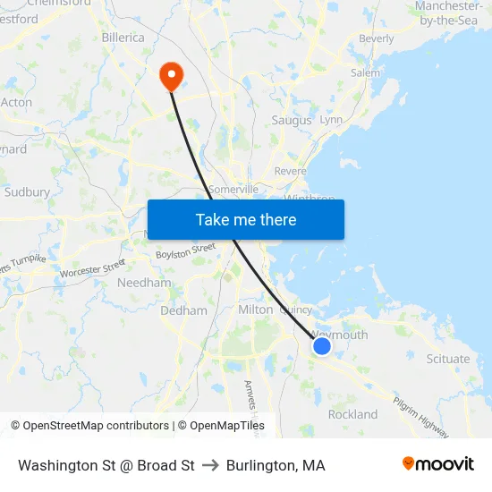 Washington St @ Broad St to Burlington, MA map