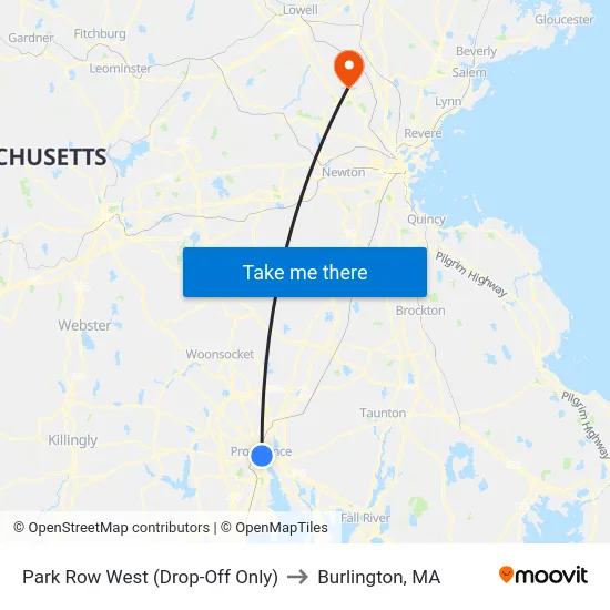 Park Row West (Drop-Off Only) to Burlington, MA map