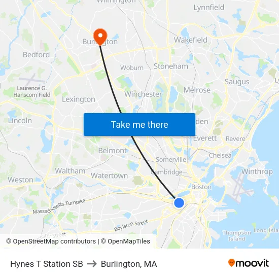 Hynes T Station SB to Burlington, MA map