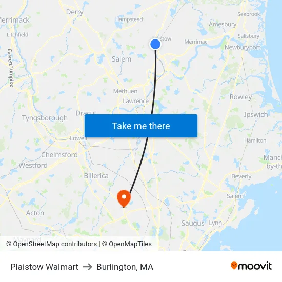 Plaistow Walmart to Burlington, MA map