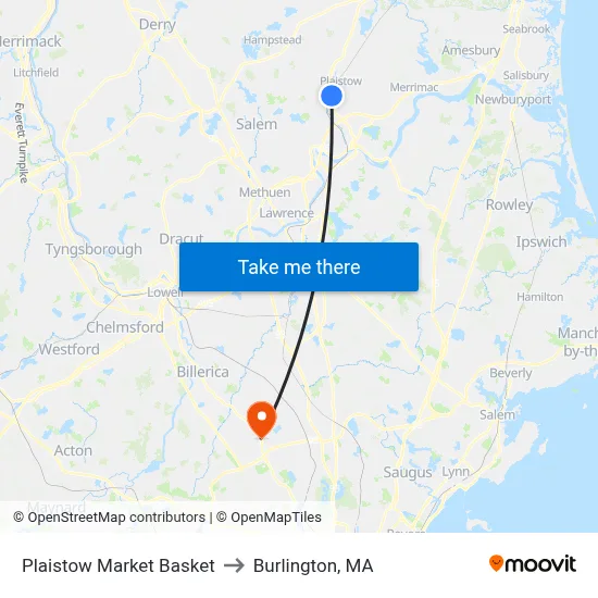 Plaistow Market Basket to Burlington, MA map