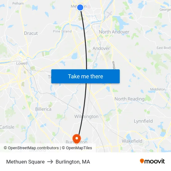 Methuen Square to Burlington, MA map