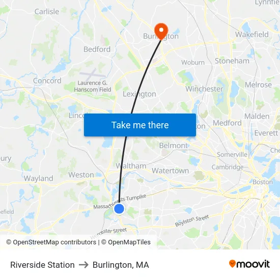 Riverside Station to Burlington, MA map