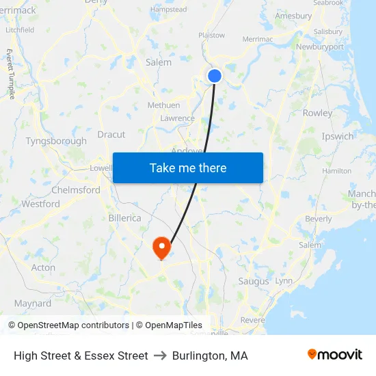 High Street & Essex Street to Burlington, MA map
