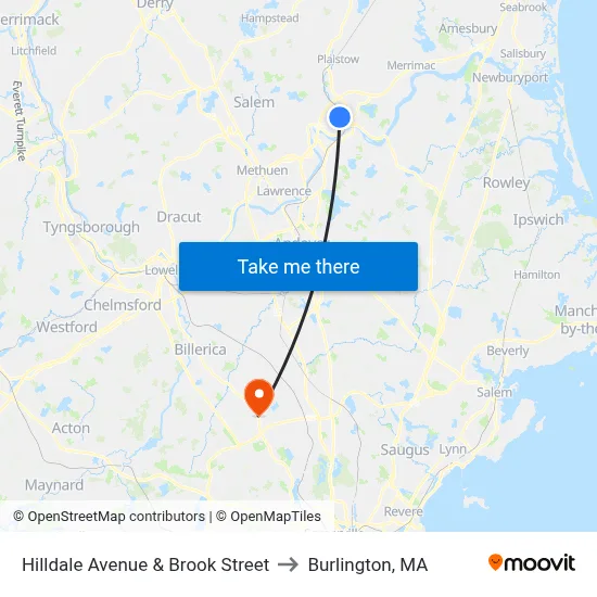 Hilldale Avenue & Brook Street to Burlington, MA map
