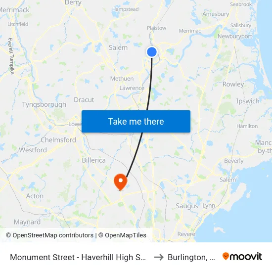 Monument Street - Haverhill High School to Burlington, MA map