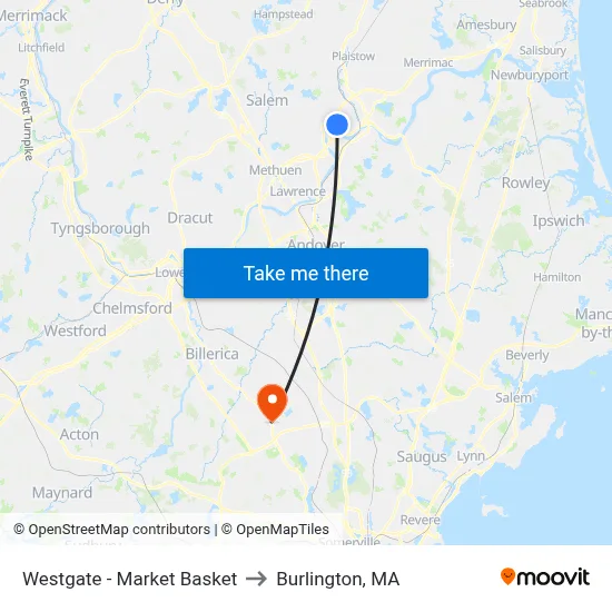 Westgate - Market Basket to Burlington, MA map