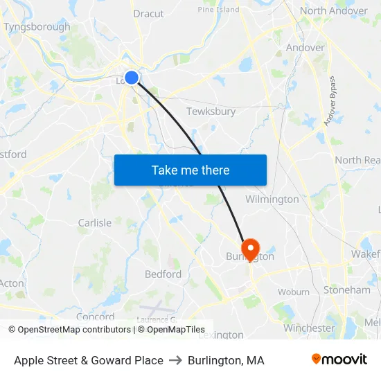 Apple Street & Goward Place to Burlington, MA map