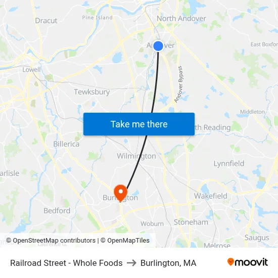 Railroad Street - Whole Foods to Burlington, MA map