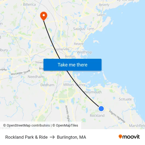 Rockland Park & Ride to Burlington, MA map