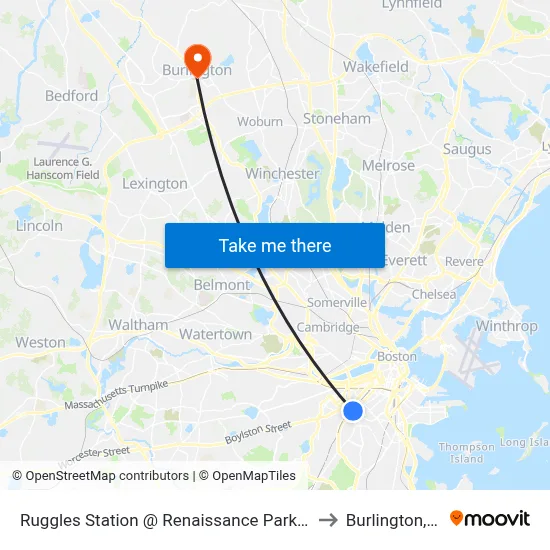 Ruggles Station @ Renaissance Park Garage to Burlington, MA map