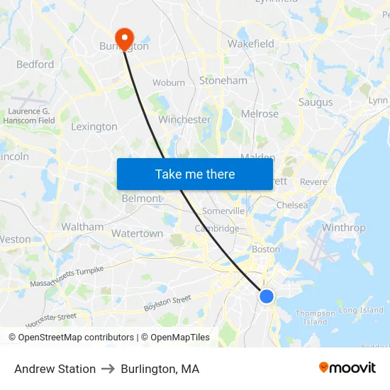 Andrew Station to Burlington, MA map