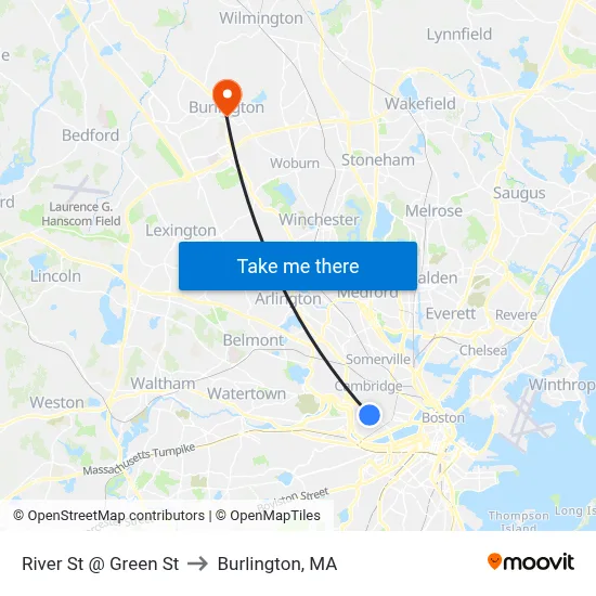 River St @ Green St to Burlington, MA map