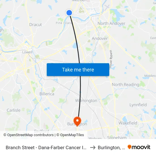 Branch Street - Dana-Farber Cancer Institute to Burlington, MA map