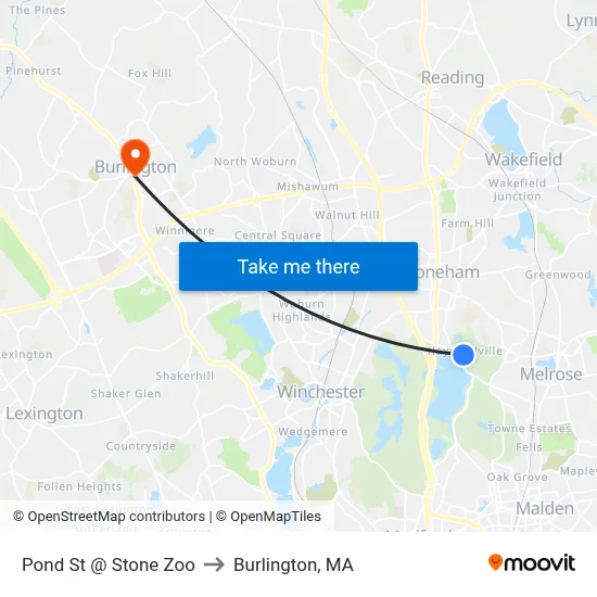 Pond St @ Stone Zoo to Burlington, MA map