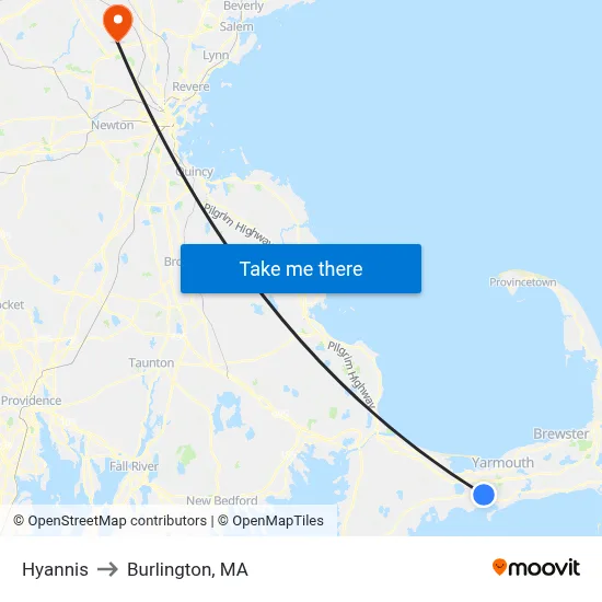 Hyannis to Burlington, MA map