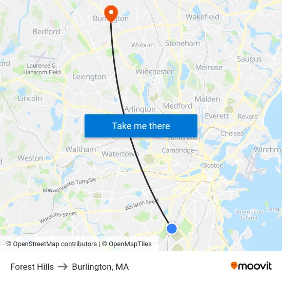 Forest Hills to Burlington, MA map