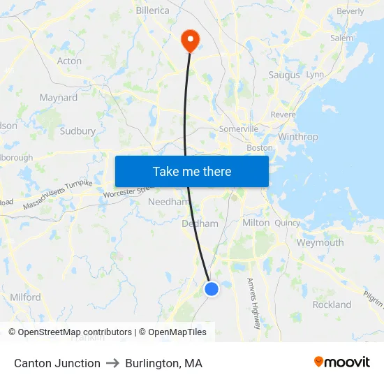 Canton Junction to Burlington, MA map