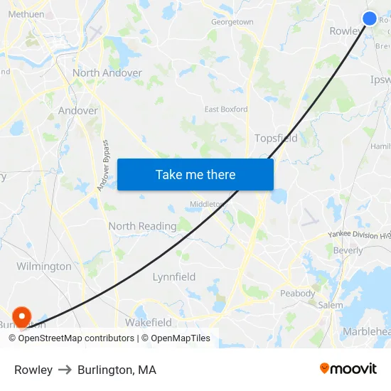 Rowley to Burlington, MA map