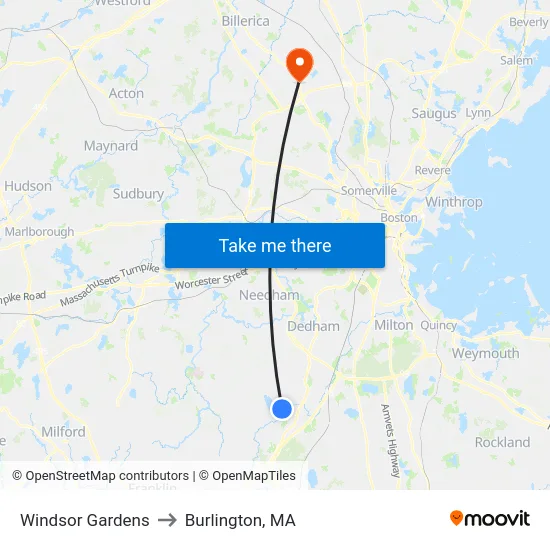 Windsor Gardens to Burlington, MA map