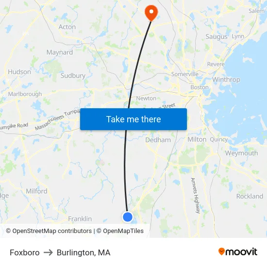 Foxboro to Burlington, MA map