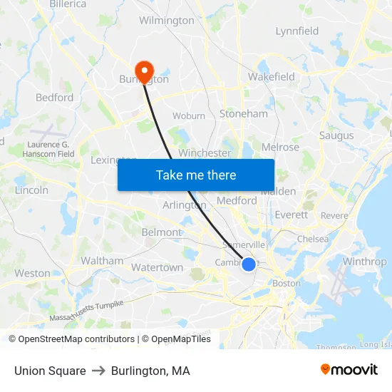 Union Square to Burlington, MA map