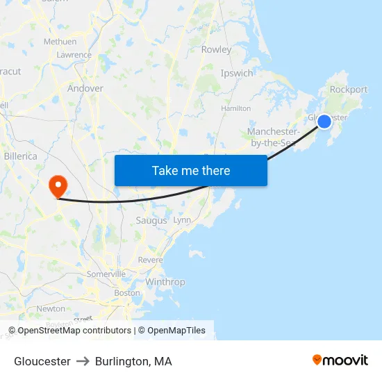 Gloucester to Burlington, MA map